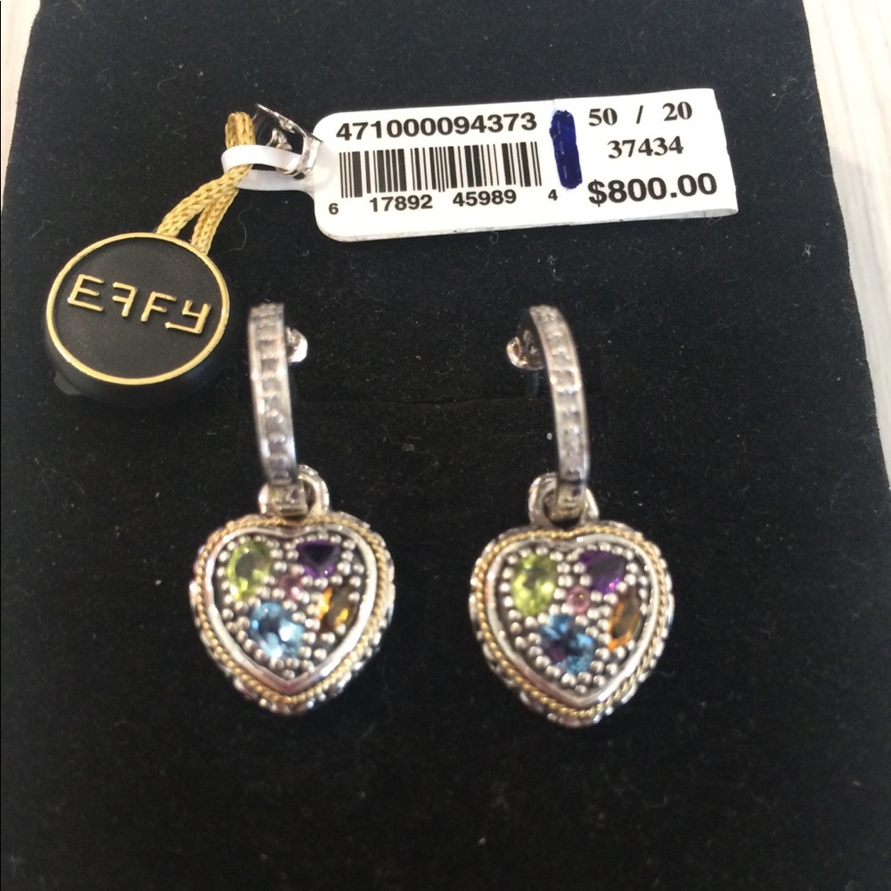 NWT EFFY multi gemstone heart 18k/silver earrings